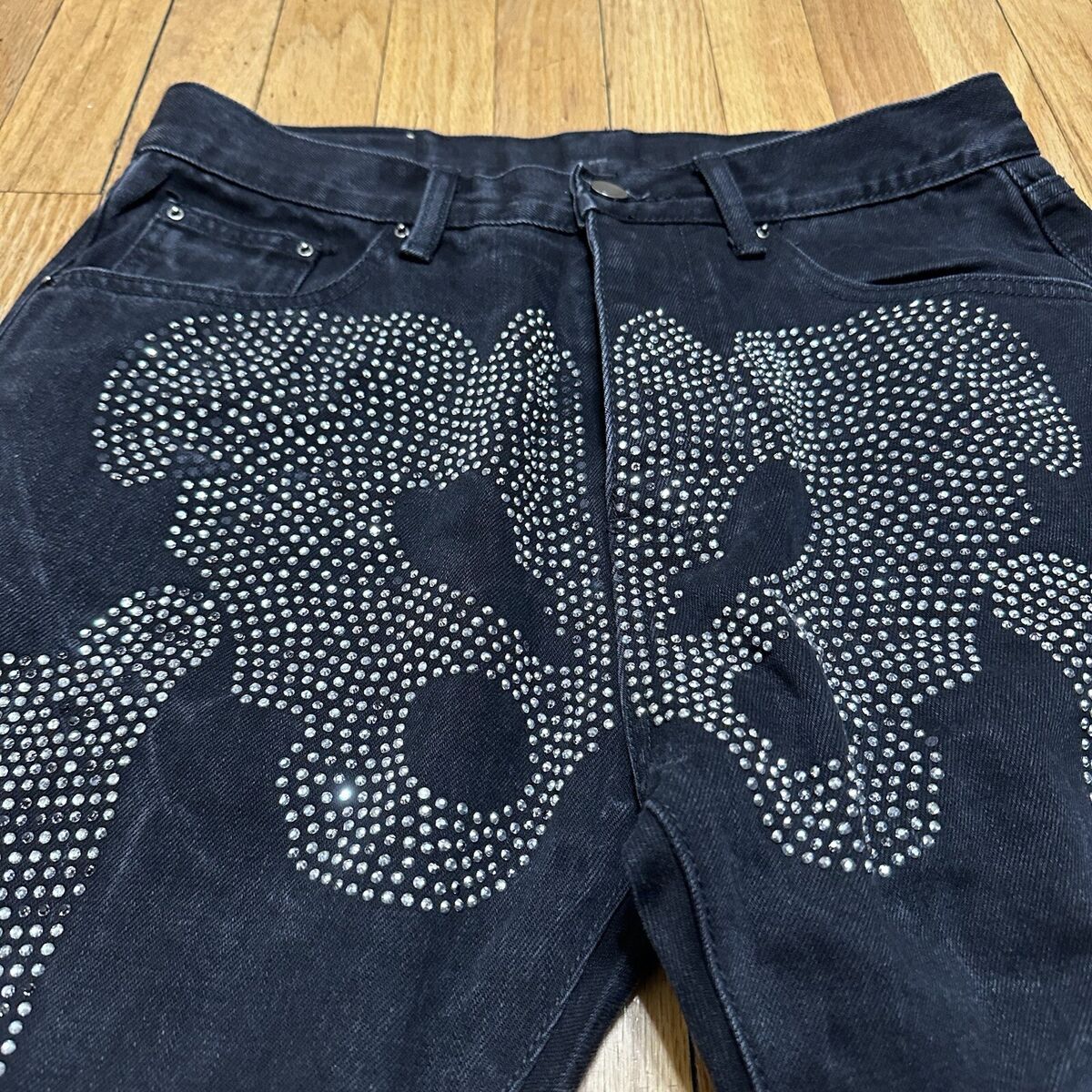 MNML Badazzle Shiny Button-fly Light Wash Black Denim slim