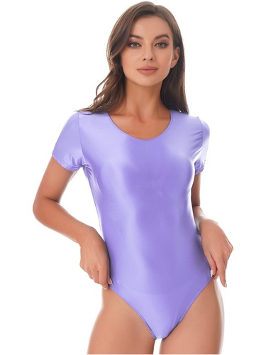 Women's Oil Shiny Stretchy Long Sleeve Bodysuit Round Neck High Cut Leotard - Picture 167 of 217