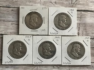 UNITED-STATES-SET-OF-5-FRANKLIN-HALF-DOLLARS-1951-1957-1958-1959-90-SILVER-a6