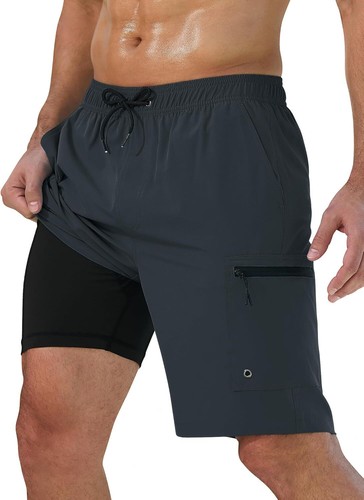 Men's 9" Quick-Dry Swim Trunks with Compression Liner & Zipper Cargo Pockets - Picture 27 of 51