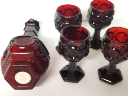 Wine Decanter Set With Four Wine Glasses Avon Cape Cod Ruby Red Glass - Picture 11 of 17