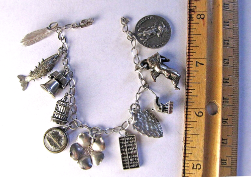 Vintage Charm Bracelet Sterling Silver 11 Old Sterling Charms NYE Cherub Fish - Picture 12 of 12