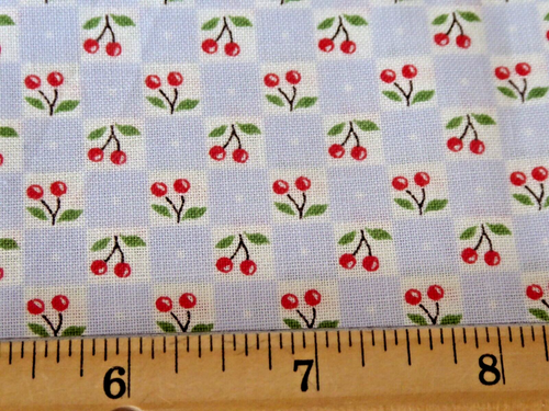 VTG 2YDS MARY ENGELBREIT Checkerboard Pattern Blue Cherries Cotton Fabric - Picture 4 of 4