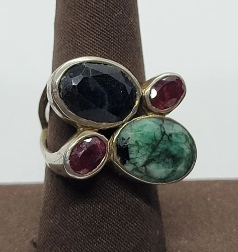 Vintage India .925 Silver Jade, Sapphire, Garnet Ring Sz 7.75   10.2 grams