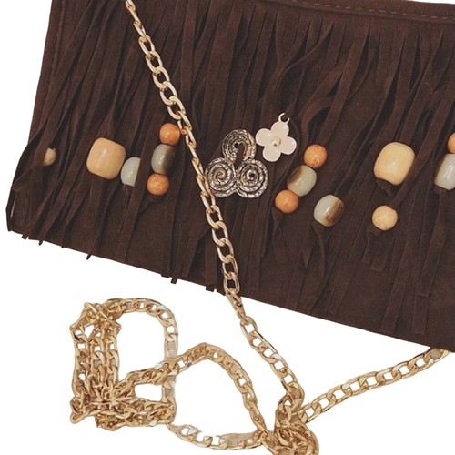 CROSSBODY BROWN Fringed Purse BOHEMIAN Luxury Gold Chain Charms Elise Gypsy Boho - Picture 14 of 14