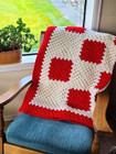 Crocheted Afghan blanket throw granny squares cottage core red, and white 68x46