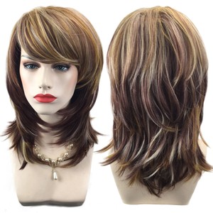 Details About Medium Long Straight Wavy Hair Synthetic Party Wig With Bangs Shoulder Length