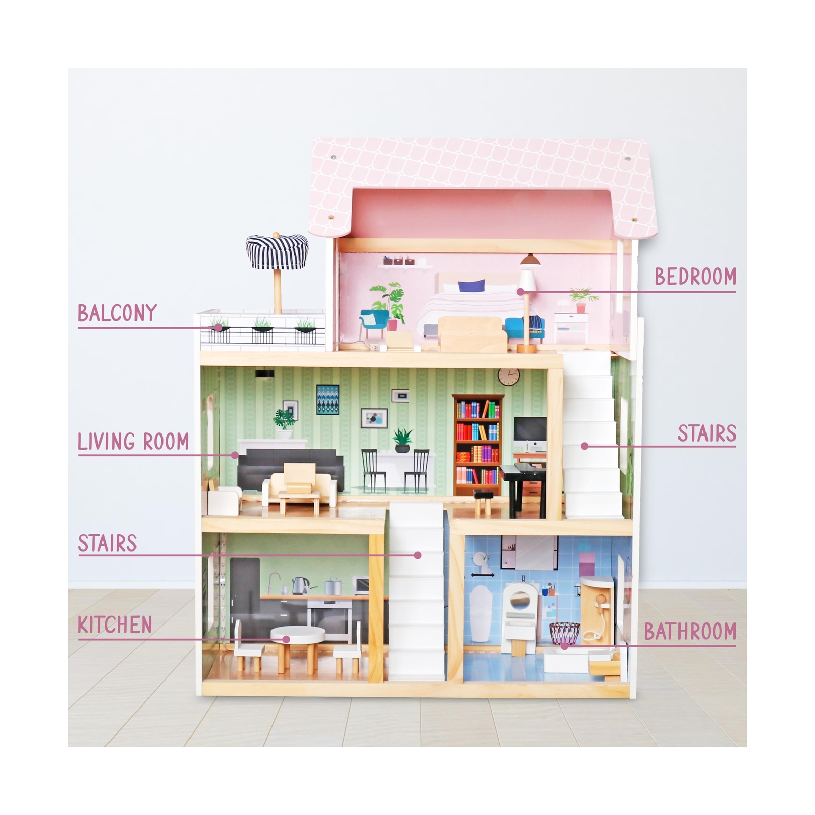 Lil' Jumbl Kids Wooden Dollhouse, 17-Piece Accessories & Furniture are Includ...