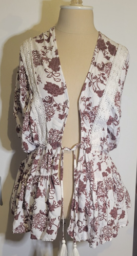 Top Kimono Torrid Mujer Encaje Ribete Corbata Cintura Talla Grande 1X Floral Marrón Boho - Imagen 3 de 16