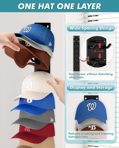 Hat Organizer for Baseball Caps (2-Pack), Strong Adhesive Hat Rack for Wall, Mul - Picture 3 of 7