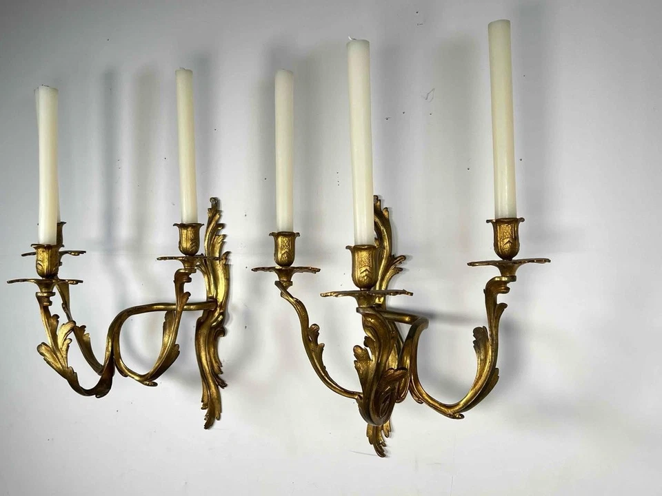 Large Pair Antique French Louis XV Rococo Gilt Bronze Ormolu Sconces Appliques - Image 3 of 4