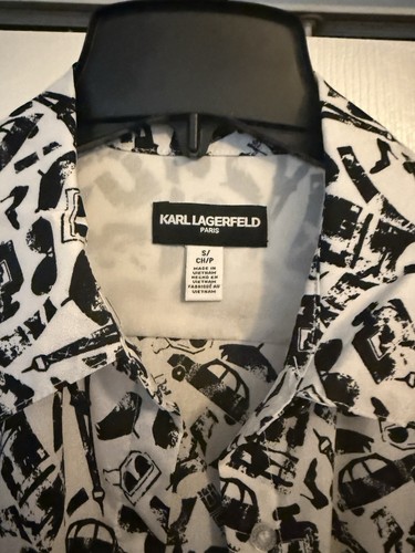 New KARL LAGERFELD Blouse Sz S Paris Button Shirt Top Eiffel Tower Print Cars - Picture 6 of 8