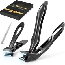 Nail Clippers Set - Curved Head Wide Jaw Clippers - 3pc Set with File - Black