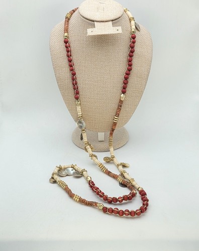 New CHICO'S Utopia Summerberry Necklace Howlite Wood Quartz Mother Of Pearl 48" - Picture 2 of 7