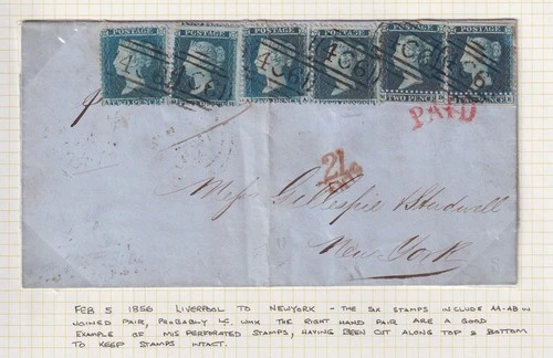 GB. QV. x6 perforated, 2d blue's on wrapper to New York. 1856.