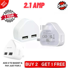 2.1AMP Fast Dual Twin 2 Port USB Charger UK Mains Wall Plug Adapter 3Pin