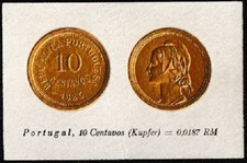 Portugal 1925 Gold foil coin dummy on card - 10 Centavos (Kupfer) =0,0187RM