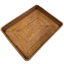 17 Inch Coffee Brown Rectangle Rattan Ottoman Coffee Table Serving Tray Witho...
