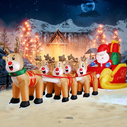 Papá Noel inflable navideño de 12 pies en trineo con cinco renos, golpe gigante - Imagen 5 de 6
