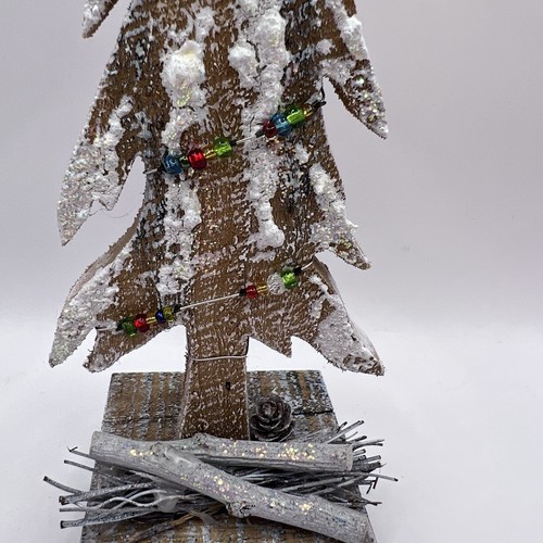 Wood Christmas Tree Flocked Snow String Of Lights /Beads Sparkles 9.5” - Picture 4 of 7