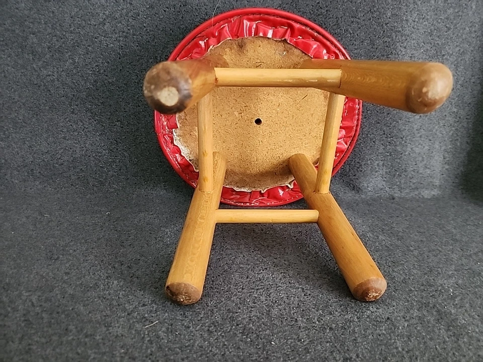 Taburete otomano pequeño Mid Century de vinilo azul retro imitación cuero MCM Foto 3 de 4