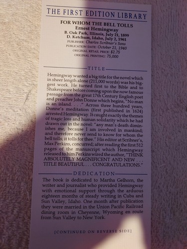 FOR WHOM THE BELL TOLLS-1ST EDITION LIBRARY W/SLIPCASE AND BRODARTED JACKET-NM - Picture 4 of 5
