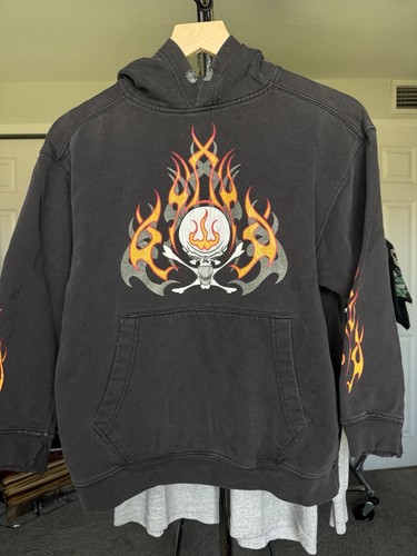 Vintage Y2K skull flames streetwear grunge punk emo black youth large hoodie - Picture 1 of 5