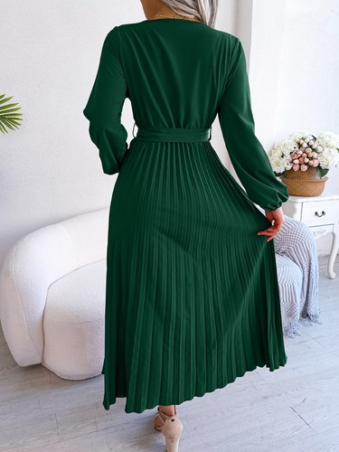UK Women V neck PLEATED Long Sleeve Holiday Long Dress Swing Party Belts Dresses - Picture 15 of 40