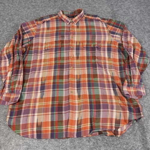 Polo Ralph Lauren Shirt Mens 4XLT 100% Cotton Brown Orange Plaid Flannel GI Flap
