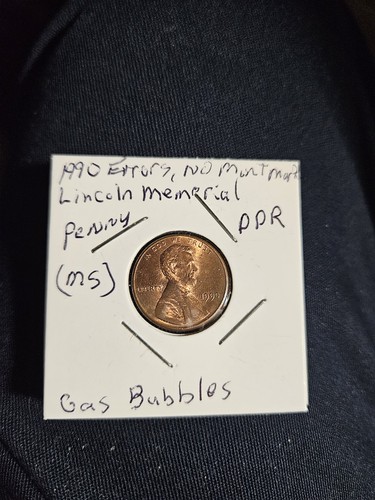 1990 Penny Errors No Mint Mark, Struck Off Center, DDR, Gas Bubbles, (MS) - Picture 1 of 14