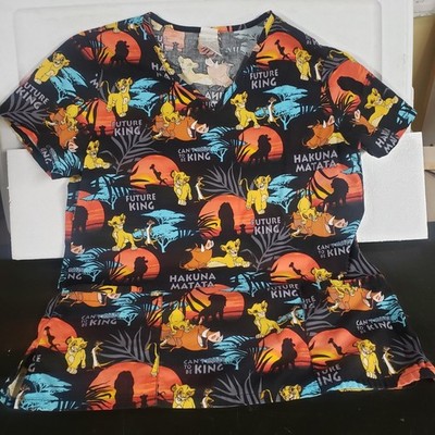 Disney Lion King Scrub Top Womens Medium Simba Timon Pumbaa V-Neck Cotton Black