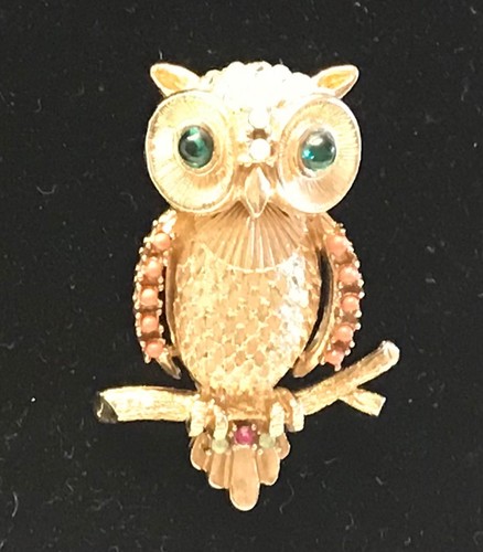 Vintage seltene Coro Eule Brosche grüne Augen, Korallenflügel, Strass Kopf & Schwanz - Bild 5 von 14