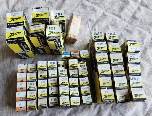 Lot 60+ Zenith Vacuum Tubes, TV Radio Audio From Radio And TV Repair Shop.