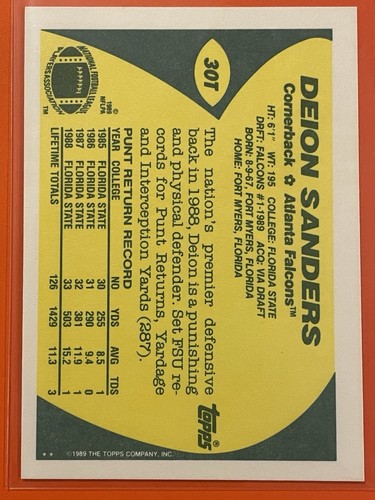 Deion Sanders 1989 Topps Traded #30T Rookie RC Atlanta Falcons Football DS1 - Picture 2 of 2