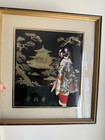 Vintage Geisha Japanese Woman Textile Art Silk Wood Framed 3D Shadowbox