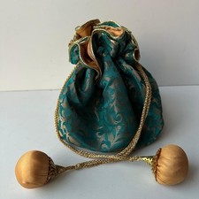 Traditional Indian Potli Bag Emerald Green Gold Brocade Silk Drawstring Pouch