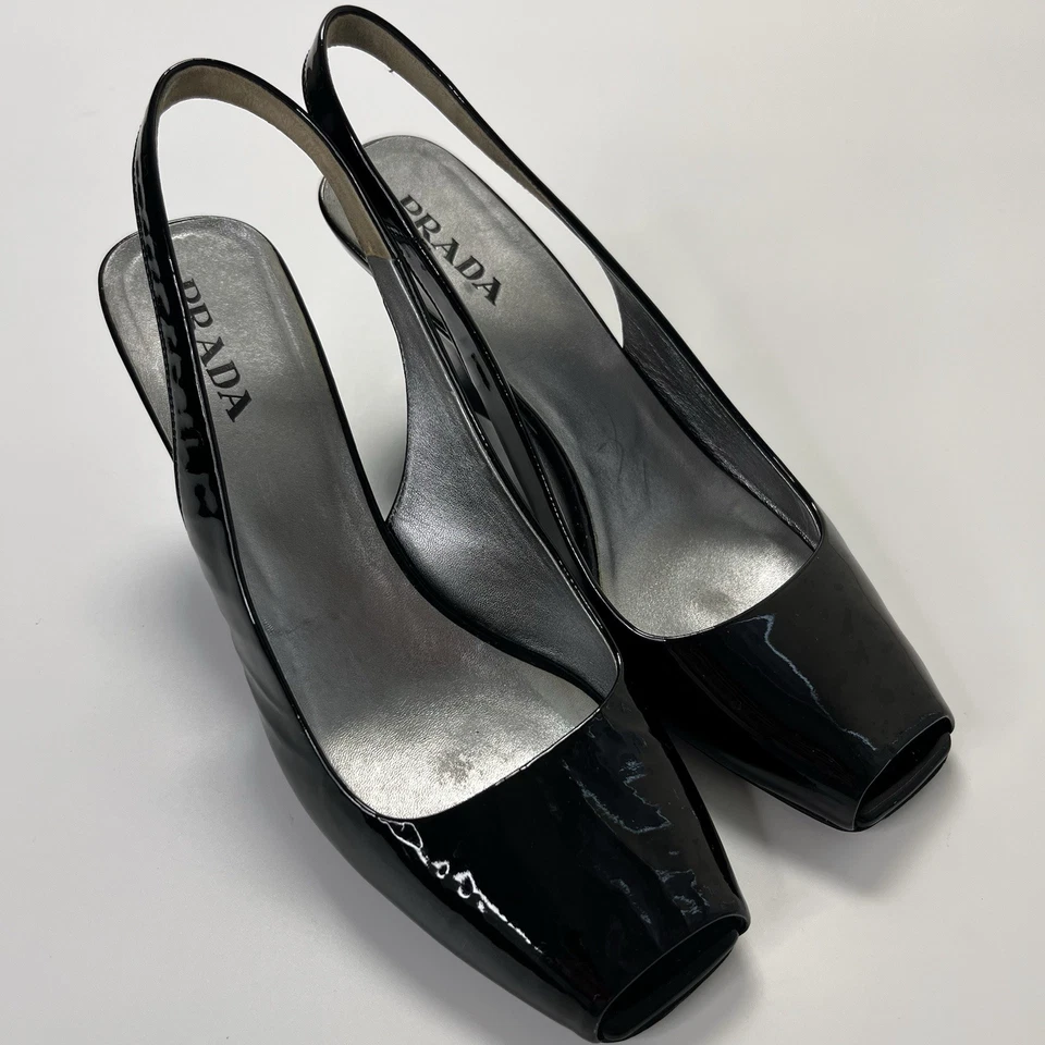Prada Black Leather Slip Back Wedge Heels Made in Italy - Size 38EU - Image 2 of 4