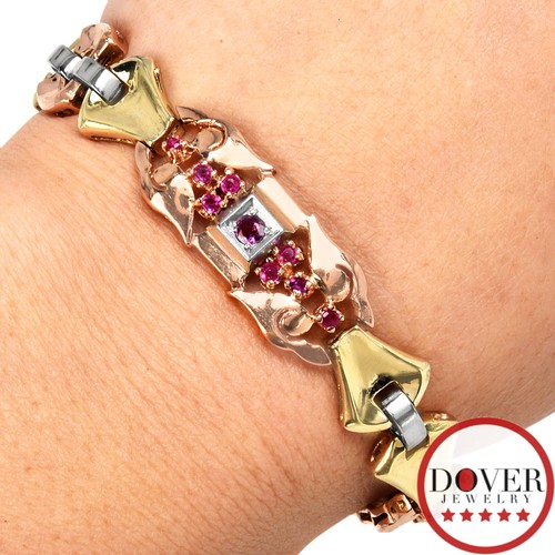 Vintage 1.00cts Ruby 14K Three Tone Gold Link Bracelet 24.9 Grams NR