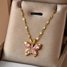 Womens Necklace Pink Butterfly Pendant 18K Gold Plated Stainless Steel Jewelry