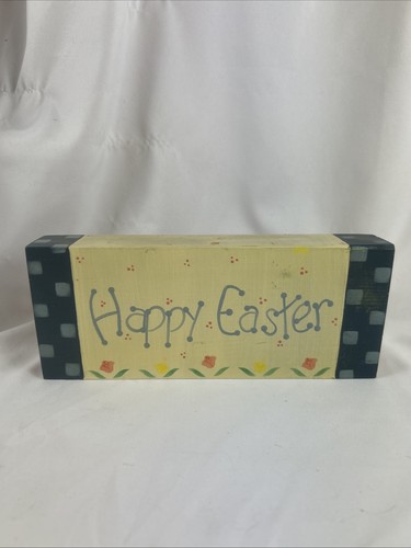 Happy Easter Sign Bunny Rabbit With Carrot Hand Painted Wood 10x8.5” - Picture 2 of 7