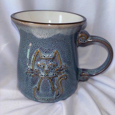 La Rochelle Denim Blue Drip Glaze Kitty Cat Coffee Mug Ceramic Pottery  Embossed