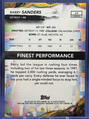 2024 Topps Finest Barry Sanders Gold Refractor 30/50 #24 Detroit Lions - Picture 3 of 3