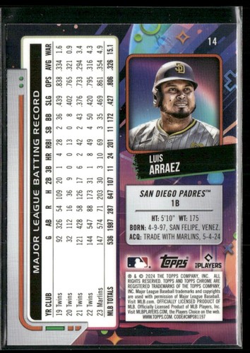 Tarjeta de béisbol Luis Arraez 2024 Topps cromada cósmica 14 San Diego Padres - Imagen 2 de 2