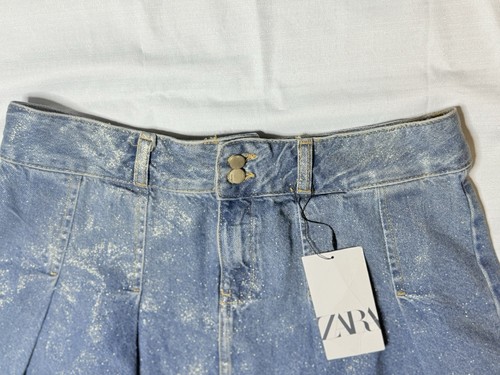 ZARA Woman Pleated Shimmer Denim Jean Mini Skirt Size Medium NWT - Picture 3 of 9