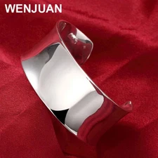 925 Sterling Silver Smooth Wide Bangle Bracelets Women Fashion Jewelry