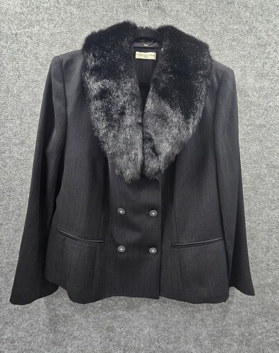 Amanda Smith Woman Blazer Anzug Mantel Damen 20W Kunstfellkragen schwarz Nadelstreifen - Bild 3 von 14