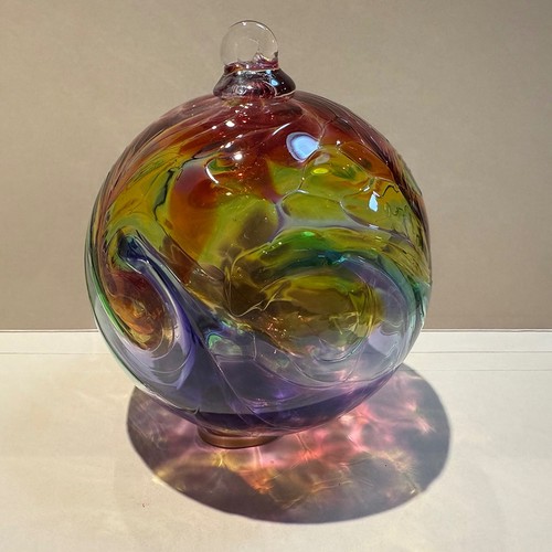 Art Glass Globe Transparent Rainbow Swirl Handblown Ornament 3.75" Diameter - Picture 3 of 5
