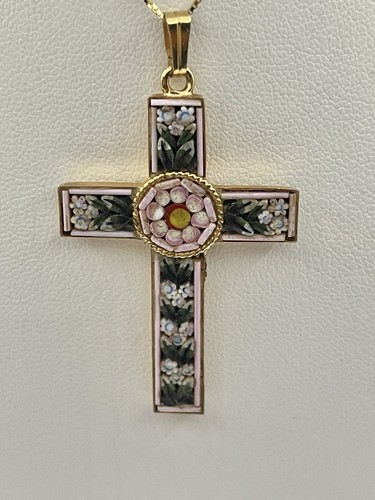 Vintage Pieter Dura Micro Mosaic Flowers Cross Goldtone Pendant Necklace 18” - Afbeelding 5 van 12