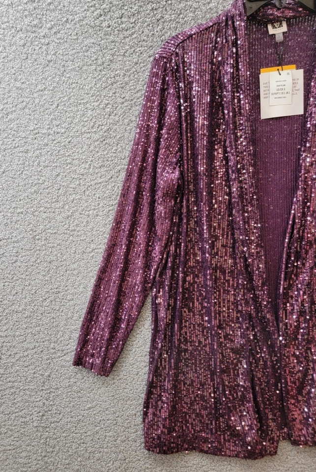 Anne Klein Sequin Embellished Open-Front Jacket Women's S Deep Plum Long Sleeve - Image 3 of 4