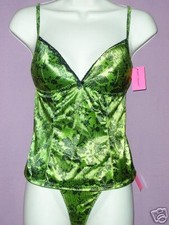 Betsey Johnson Lime Green, Black Lace Print Stretch Satin Camisole ONLY Size M